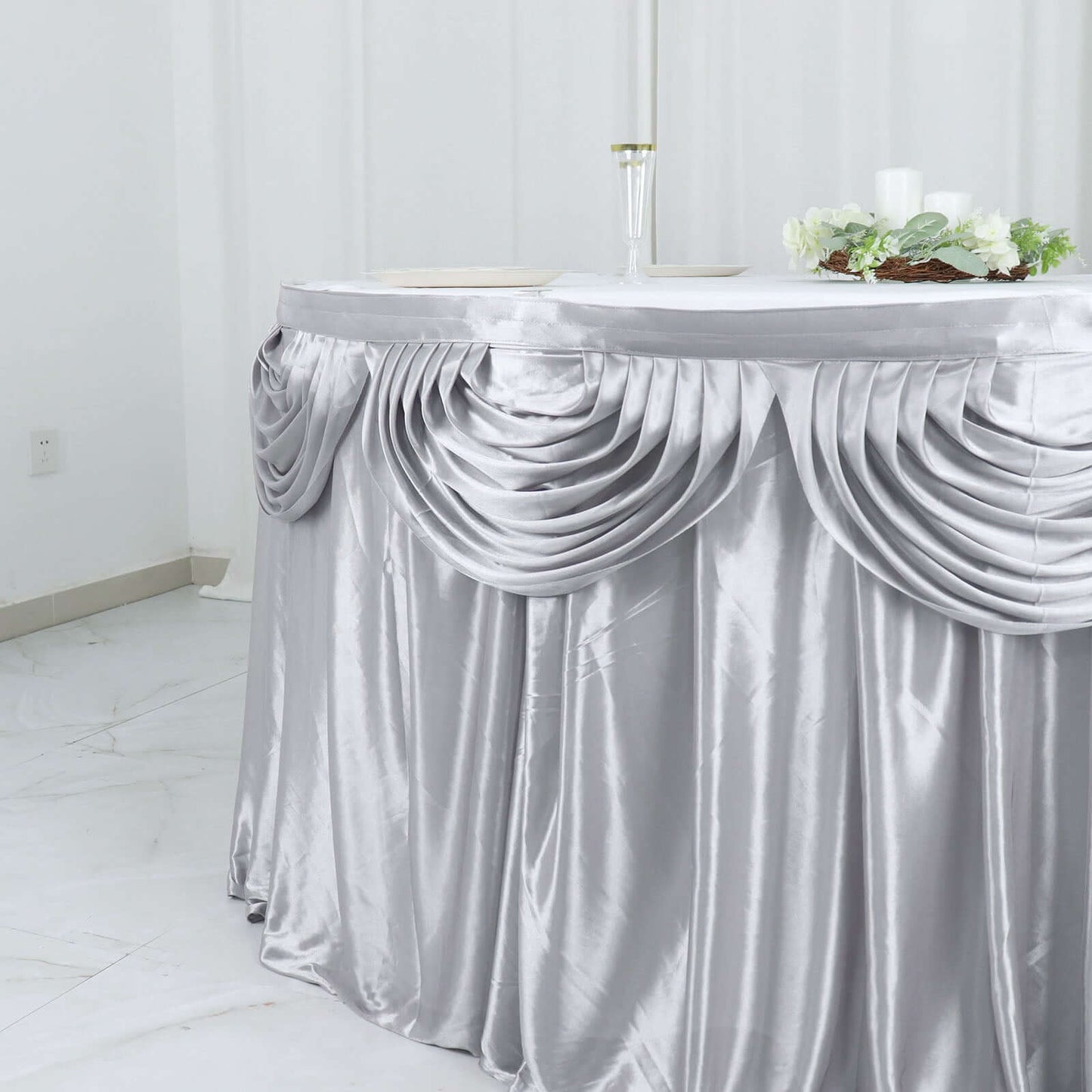 Satin 14ft Table Skirt Silver - Pleated Double Drape Table Cover