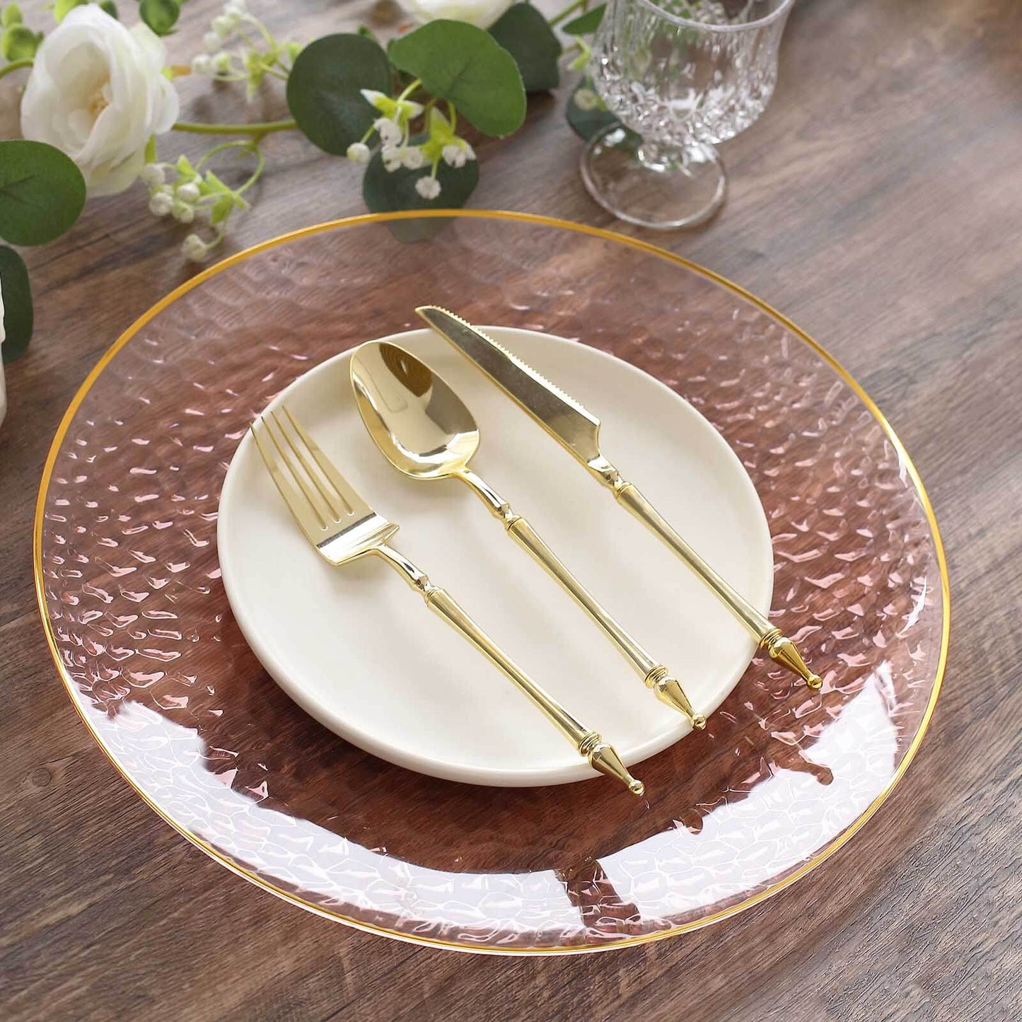 10 Pack Economy Plastic Round Charger Plates 13" in Transparent Blush Hammered Design with Gold Rim, Decorative Dinner Party Serving Plates