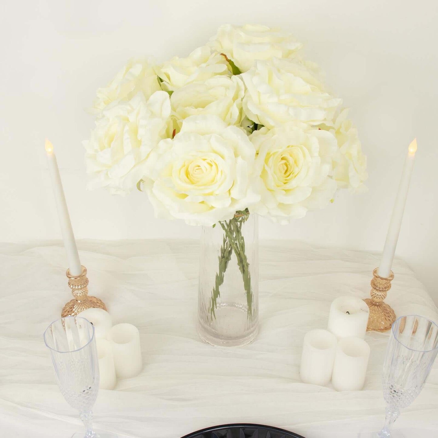 2 Bushes 17" Ivory Premium Silk Jumbo Rose Flower Bouquet, High Quality Artificial Wedding Floral Arrangements