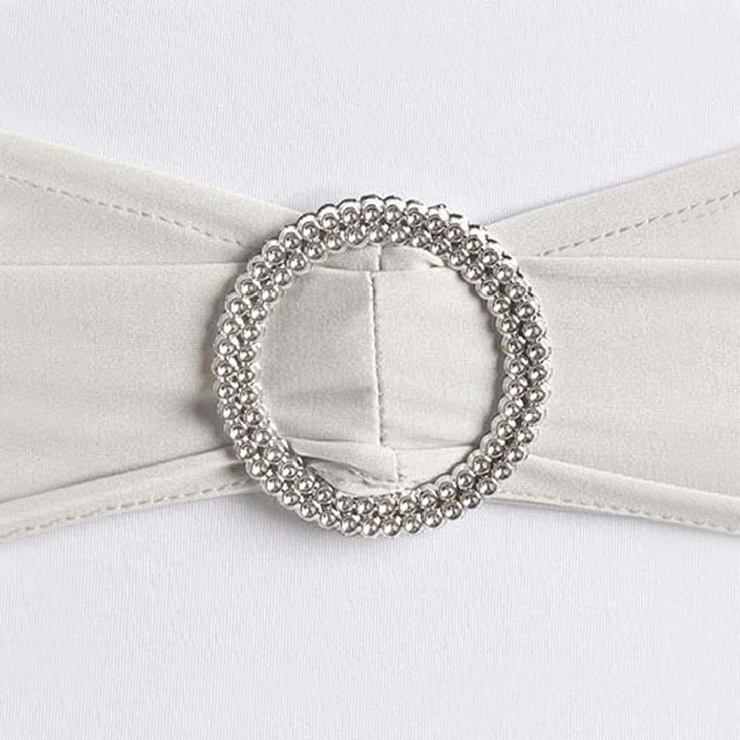 5 Pack Stretch Spandex Chair Sashes Silver - Reusable Chair Bands with Silver Diamond Ring Slide Buckle 5"x14"
