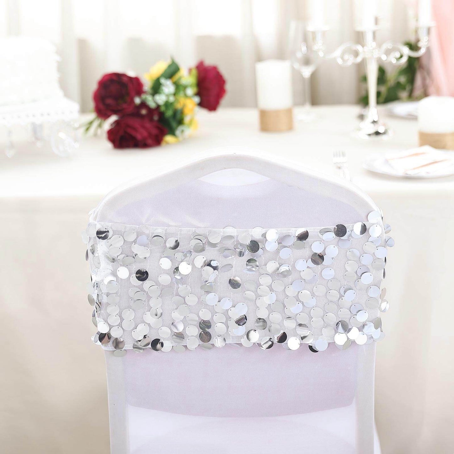 5 Pack Big Payette Sequin 13"x10" Chair Sash Bands Silver - Stylish Glittering Decor for Weddings & Gatherings