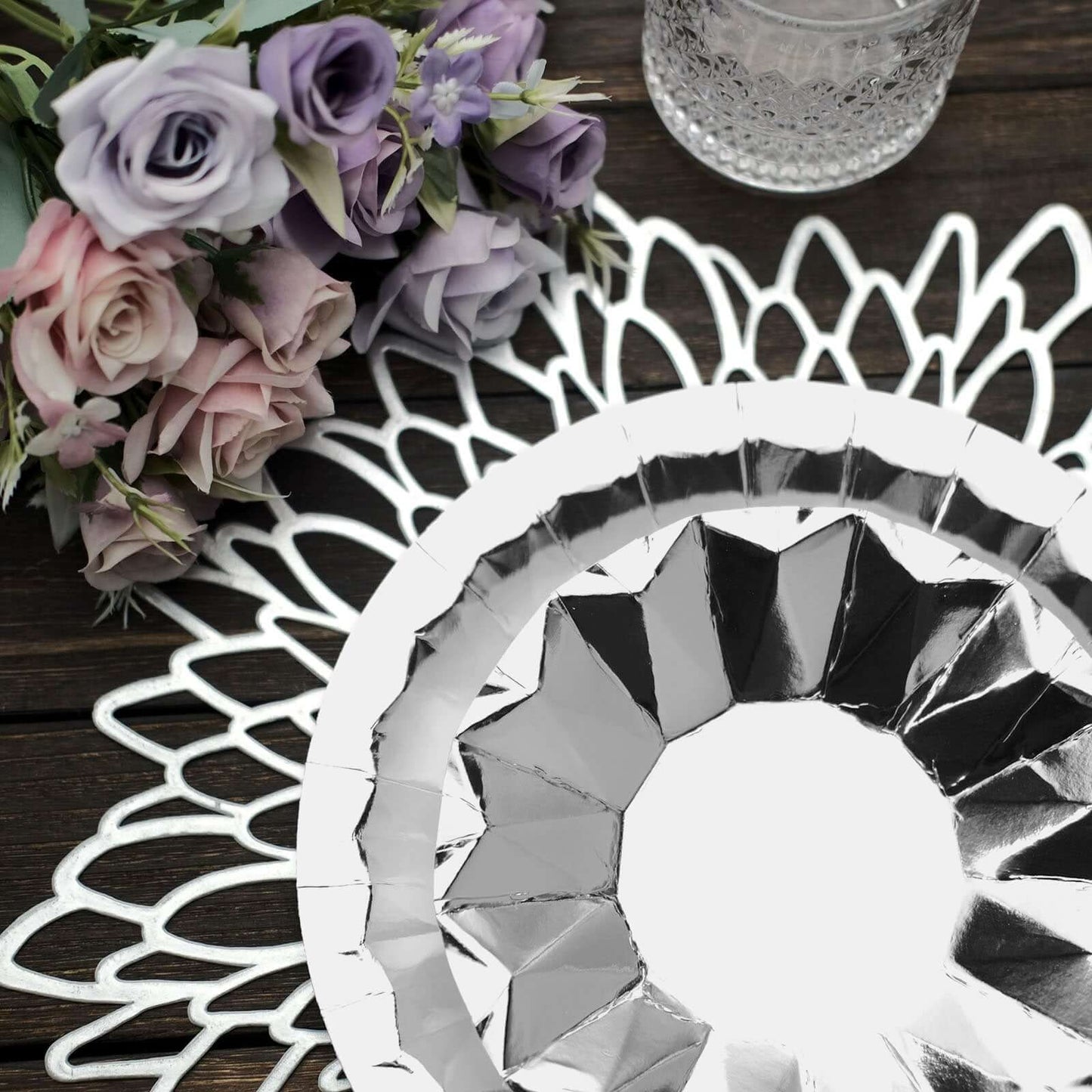 25-Pack Paper 9" Round Dinner Plates in Metallic Silver with Geometric Prism Rim - Disposable 400GSM Party Plates