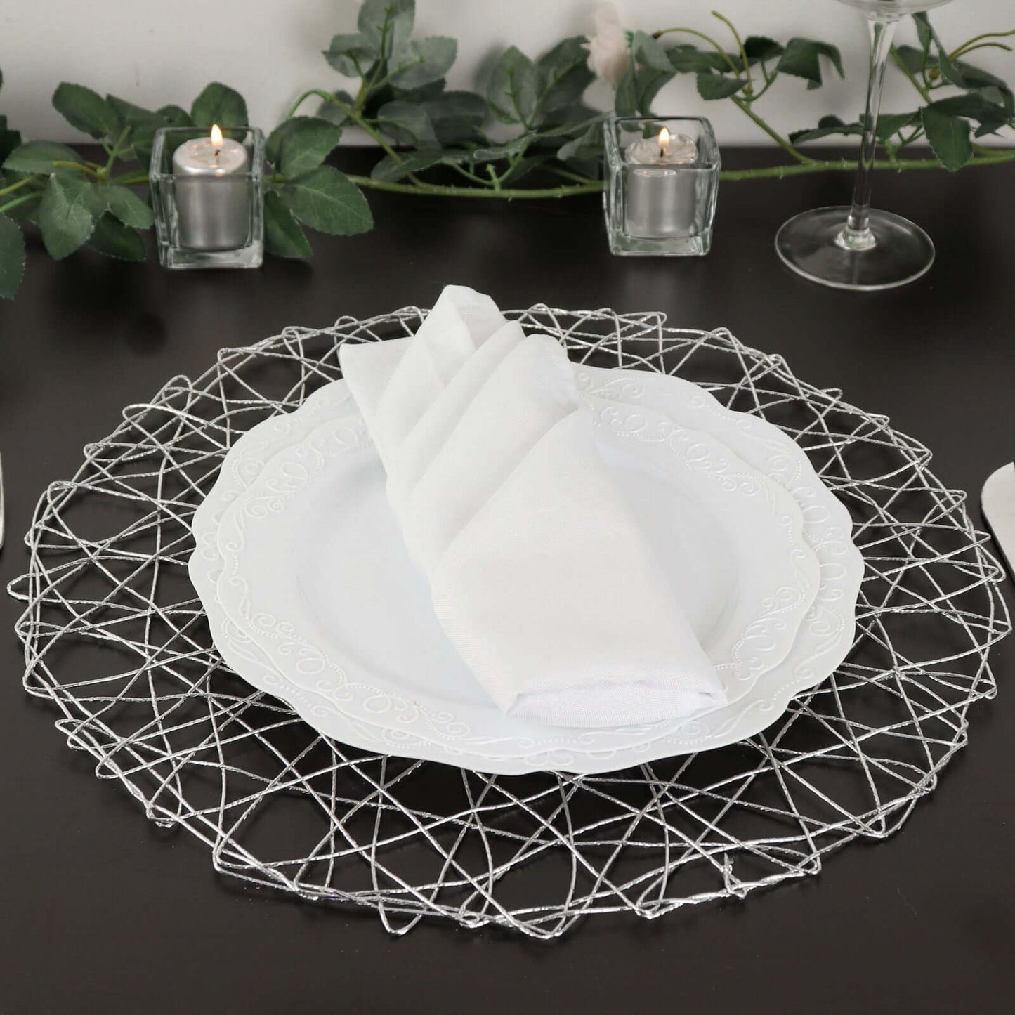6-Pack Table Placemats Woven Fiber Design Silver Round - Disposable Mats for Dining and Events 15"