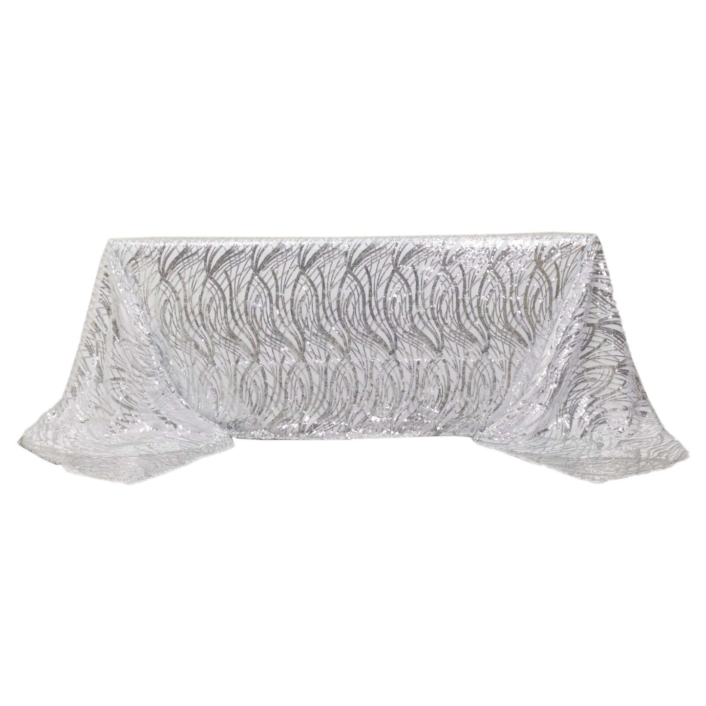 Mesh 90"x156" Rectangle Tablecloth Silver - Wave Sequin Embroidered Table Cover