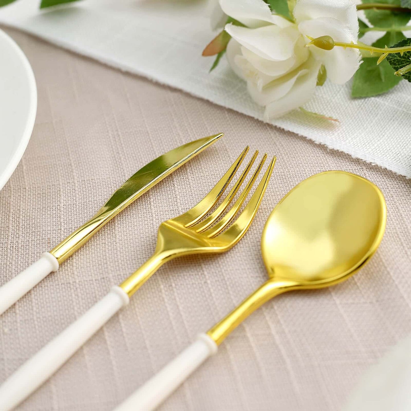 24-Pack Plastic Flatware Set in Metallic Gold with Ivory Handle - Heavy Duty Disposable Modern Silverware 8"