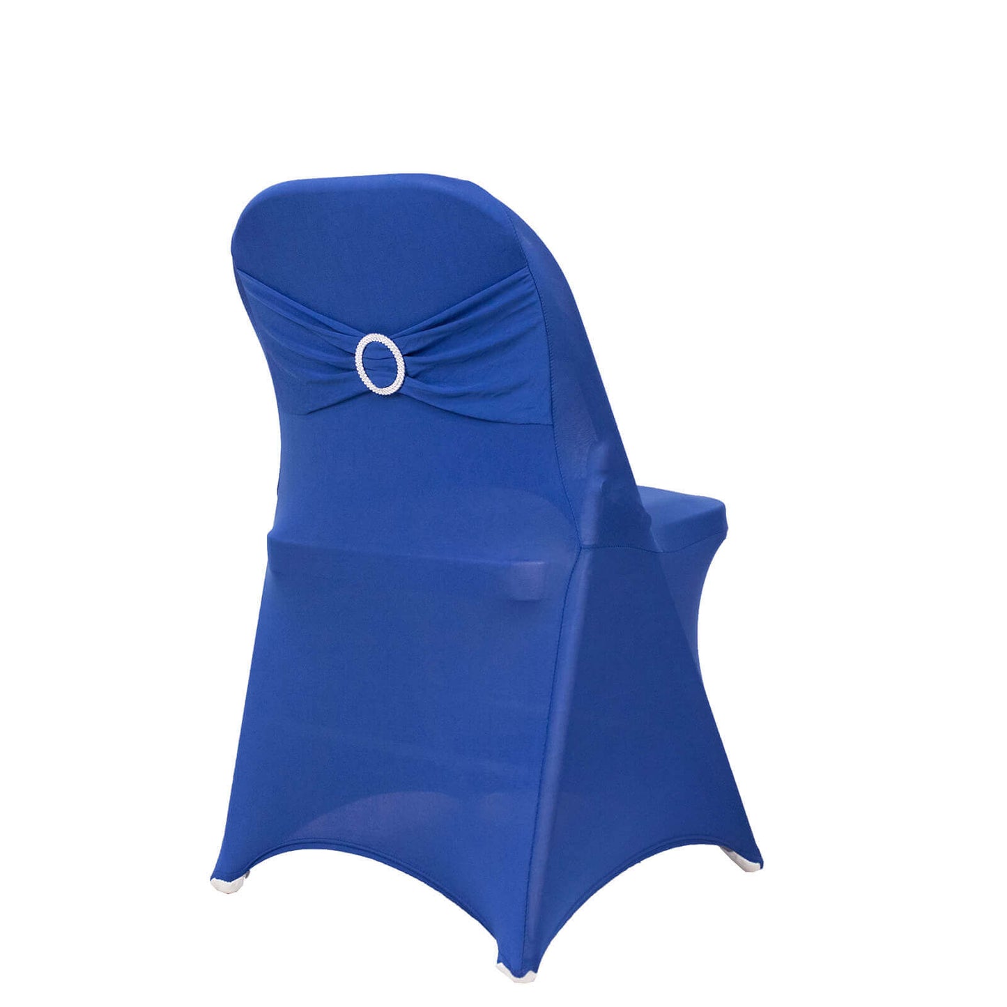 Stretch Spandex Chair Cover Royal Blue for Folding Chairs - Secure Fit Slipcover with Silver Rhinestone Buckled Sash Band