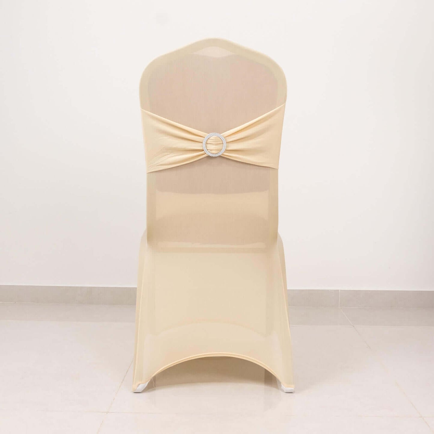 Spandex Chair Cover with Silver Rhinestone Buckled Sash Band Beige - Stretch Fitted Slipcover