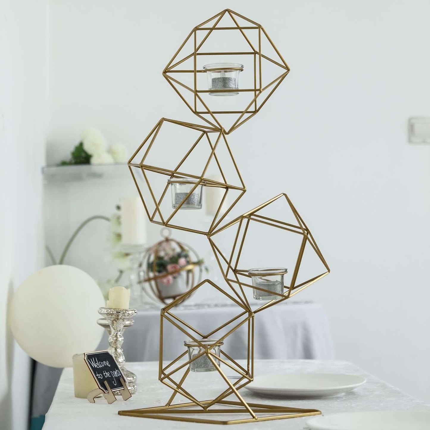 Tealight Candle Holder Metal Linked Geometric Design Gold with Votive Glass Holders - Sophisticated Decor for Tables & Gatherings 25"