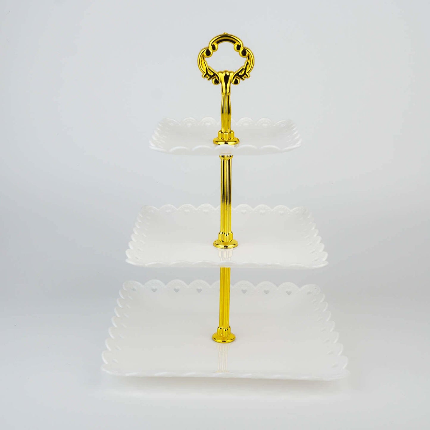 3-Tier Plastic Square Cupcake Stand Tower White - Charming Disposable Dessert Display Serving Tray Platter with Heart Wavy Edge & Gold Top Handle for Tea Parties Weddings & Special Occasions 13"