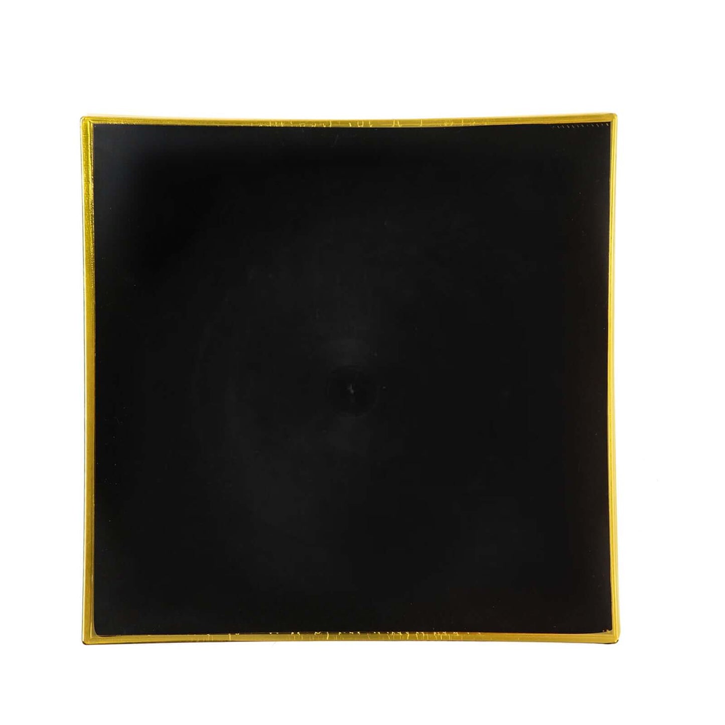 10-Pack Plastic 10" Square Dinner Plates in Black Concave Style with Gold Rim - Modern Disposable Party Plates