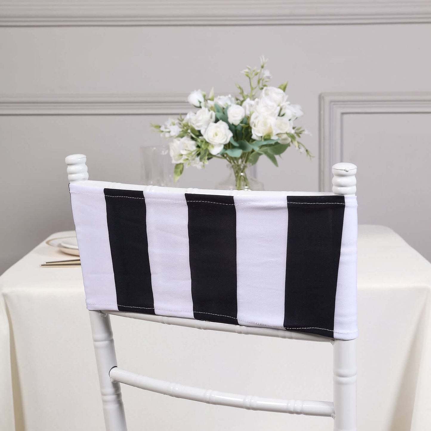 5 Pack Spandex Chair Sashes Black/White Vertical Stripes - Easy to Use & Wrinkle-Free Stretch Chair Bands for Stunning Tablescapes 5"x14"