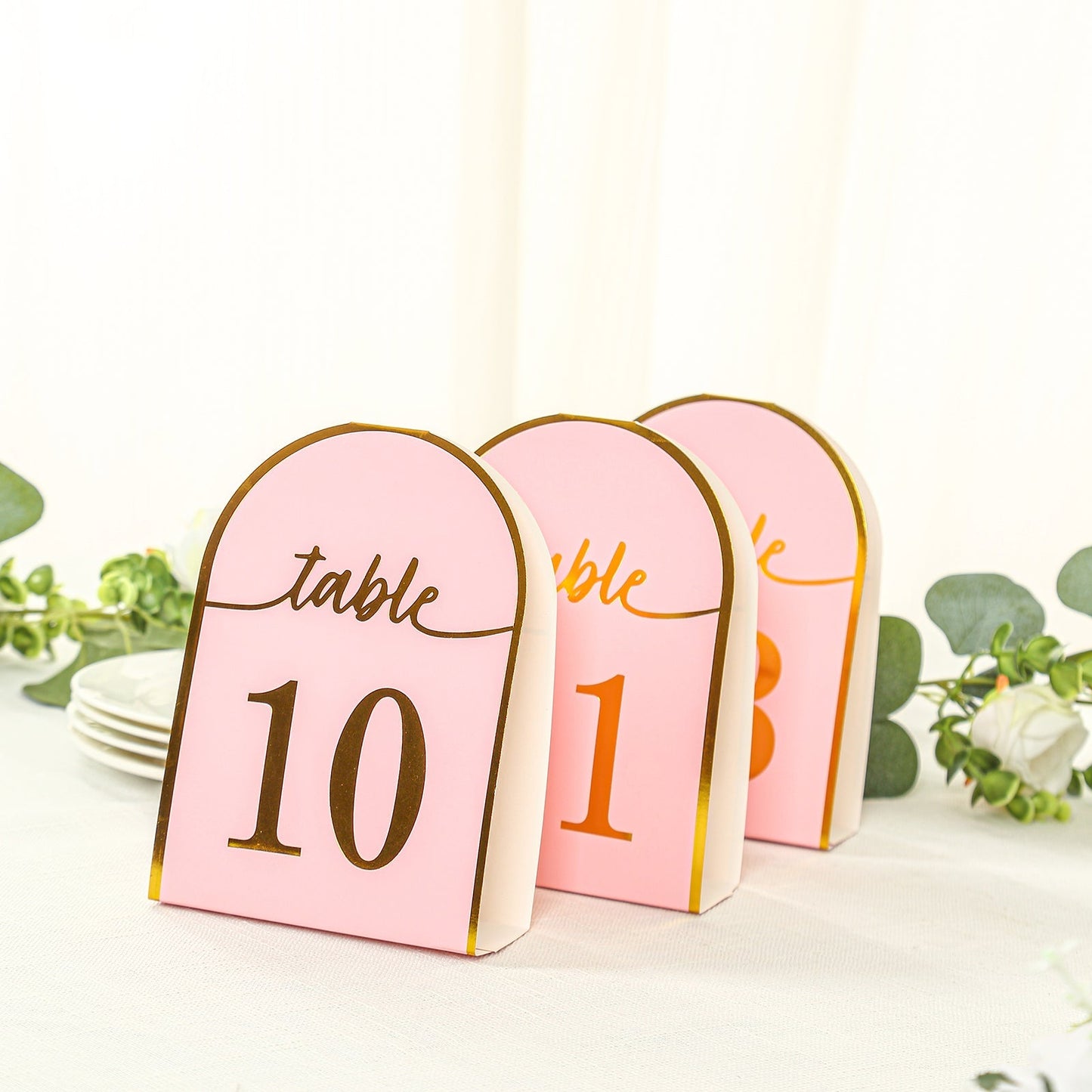 25-Pack 7" Disposable Table Numbers, Blush Free Standing Double Sided Table Number Place Cards with Metallic Gold Foil Numbers 1-25
