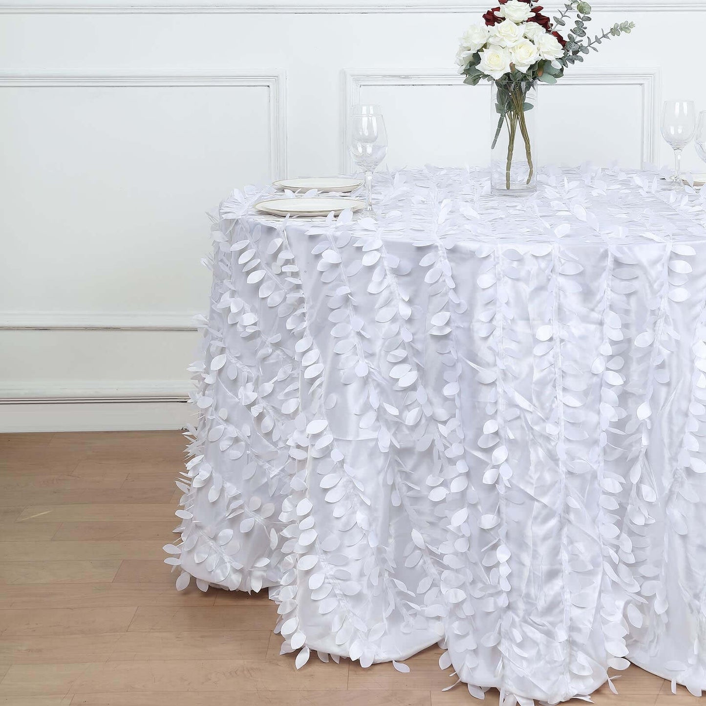 Taffeta 132" Round Tablecloth White 3D Leaf Petal Design Seamless Table Cover for Chic Wedding & Event Decor