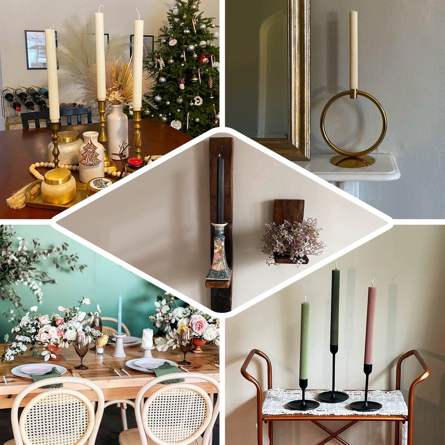 5-Pack Taper Candles Ribbed Wick Ribbon Wax Design White - Premium Unscented Dinner Candles 9"