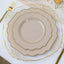 10-Pack Plastic Dessert Appetizer Plates in Taupe Baroque Design with Scalloped Gold Rim - Heavy Duty Disposable Salad Plates 8"