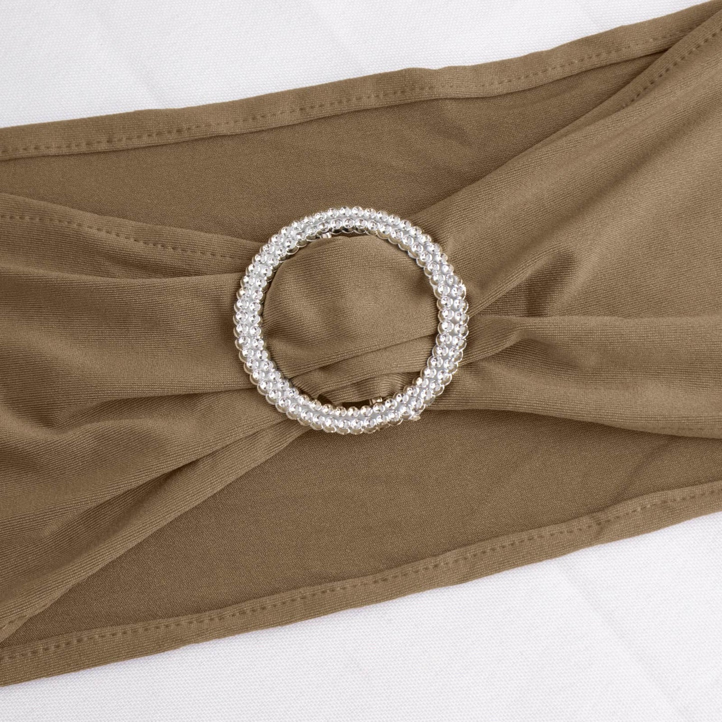 5 Pack Stretch Spandex Chair Sashes Taupe - Reusable Chair Bands with Silver Diamond Ring Slide Buckle 5"x14"