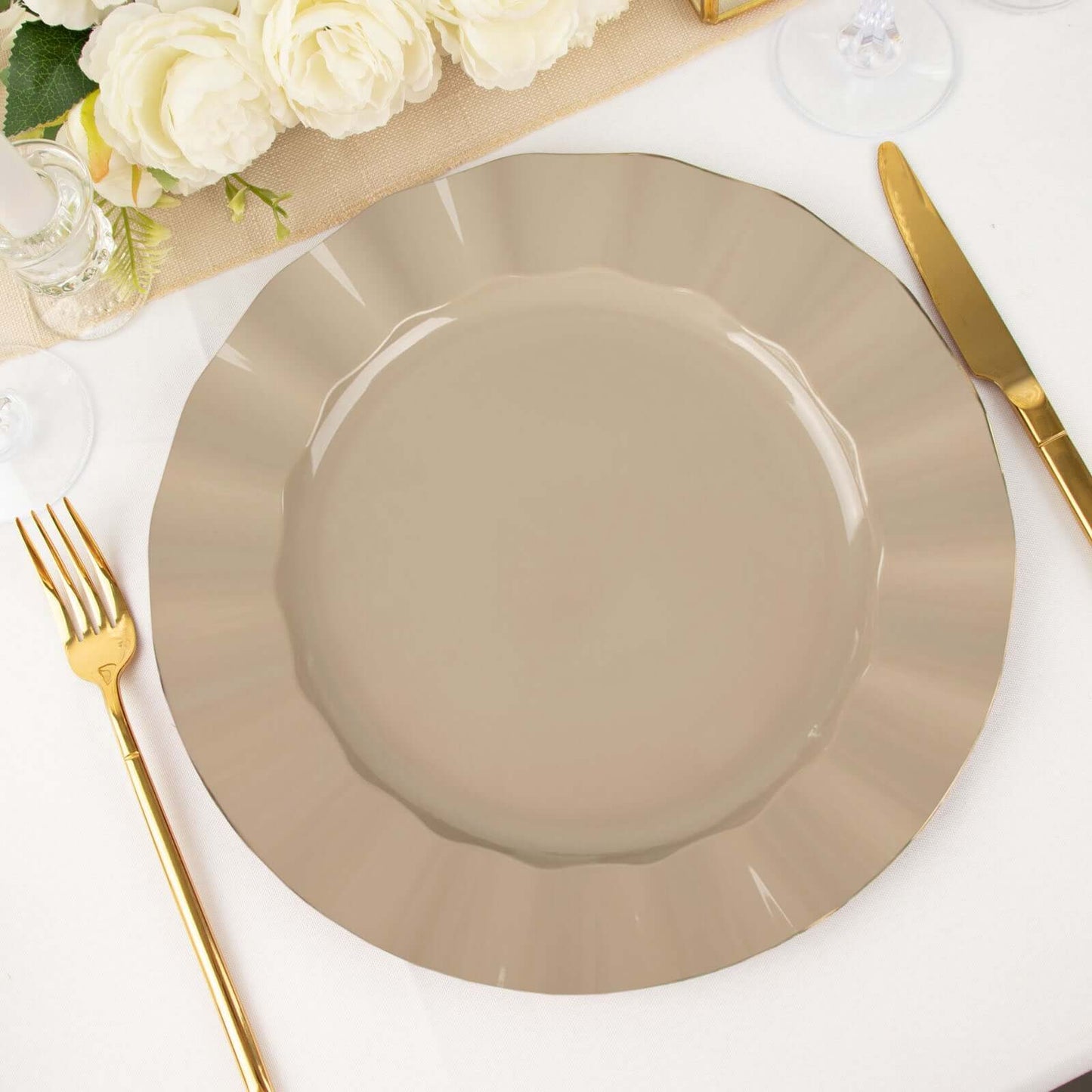 10-Pack Plastic 11" Round Dinner Plates in Taupe Ruffled Rim with Gold Edging - Sturdy Disposable Dinnerware