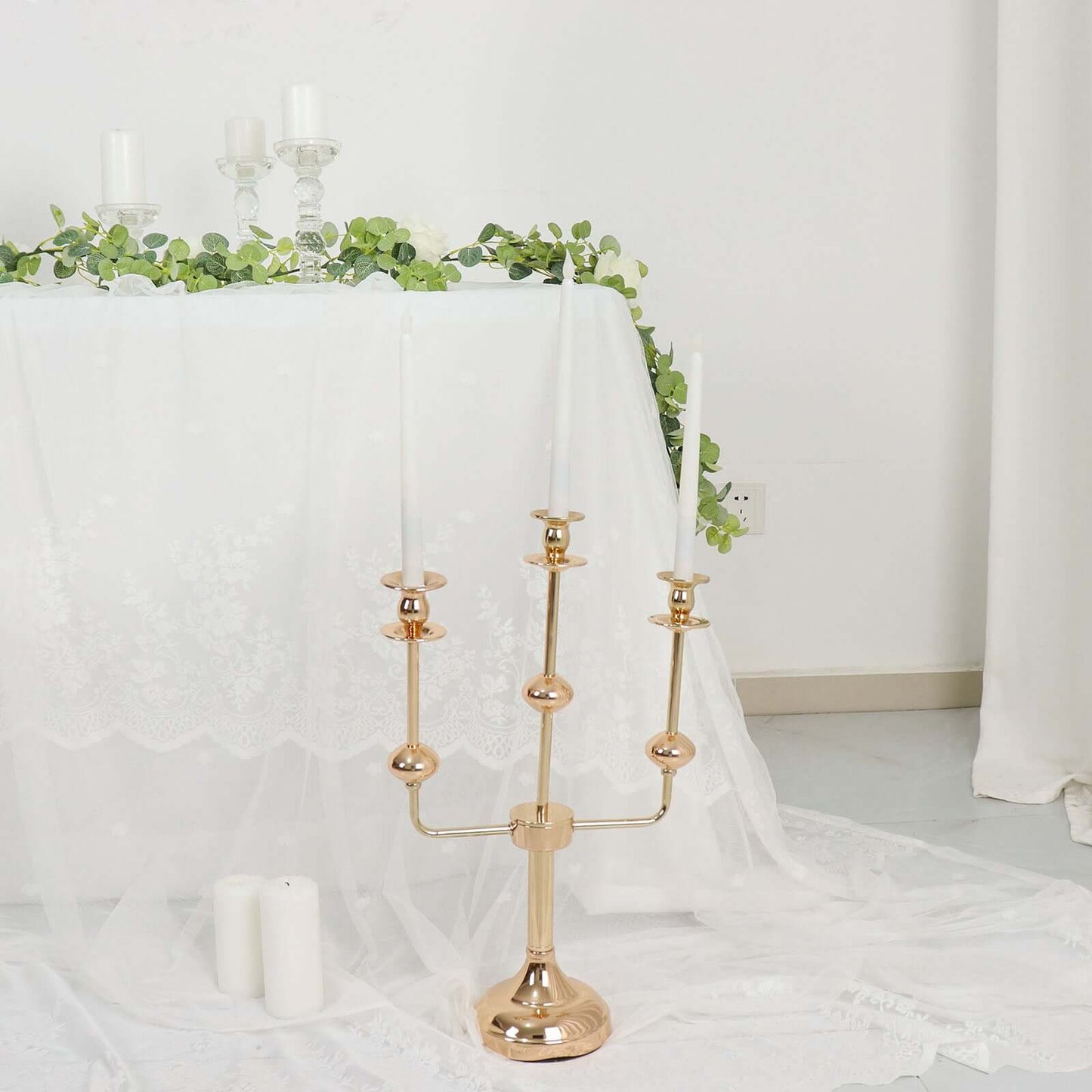 3-Arm Taper Candelabra Candle Holder Stand Gold Metal Wedding Centerpiece - Decorative Display 20"