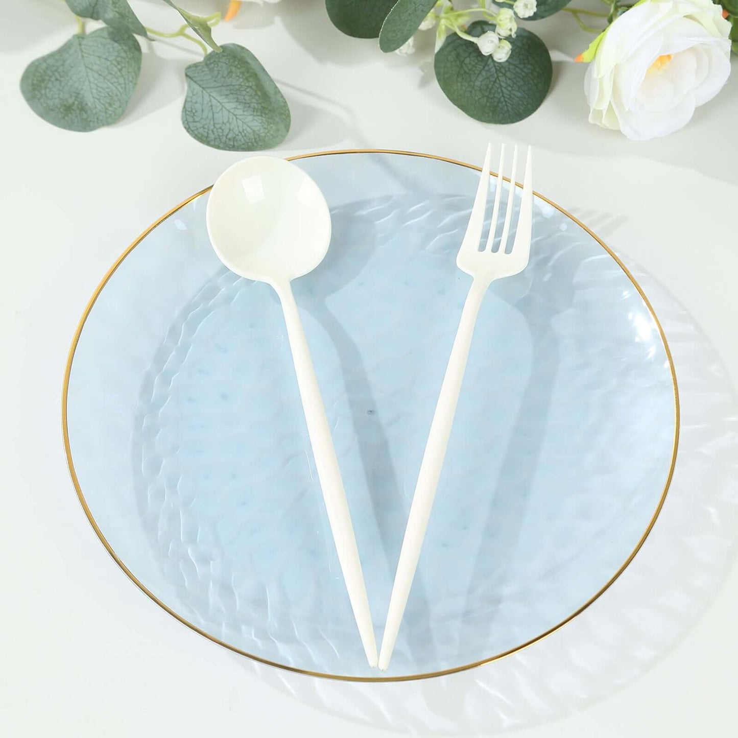 10-Pack Plastic 9" Round Dinner Plates in Transparent Dusty Blue Hammered Design with Gold Rim - Modern Disposable Party Plates