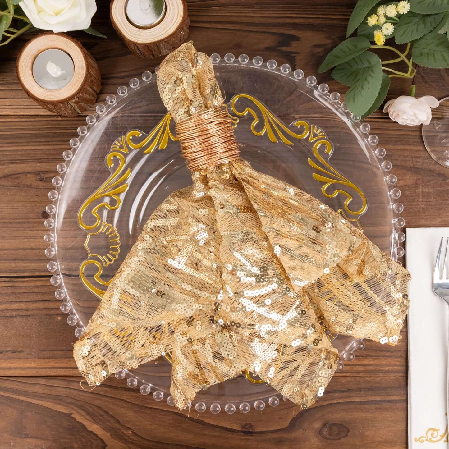 Sequin Mesh 20"x20" Napkin Champagne - Wave Embroidered Reusable Napkin