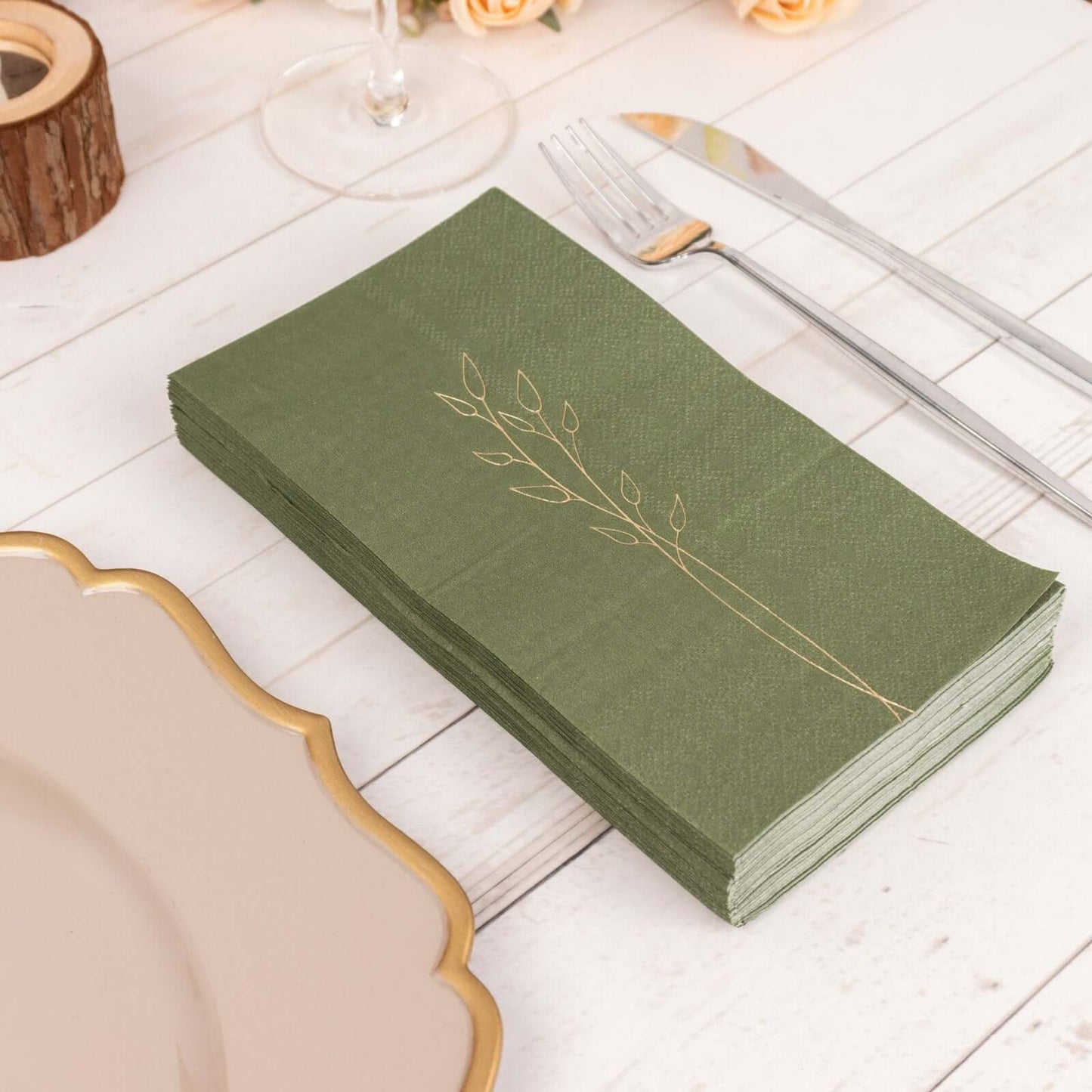 50-Pack Paper Dinner Napkins Dusty Sage Green with Gold Embossed Leaf - Stylish 2-Ply Disposable Napkins for Weddings 18GSM