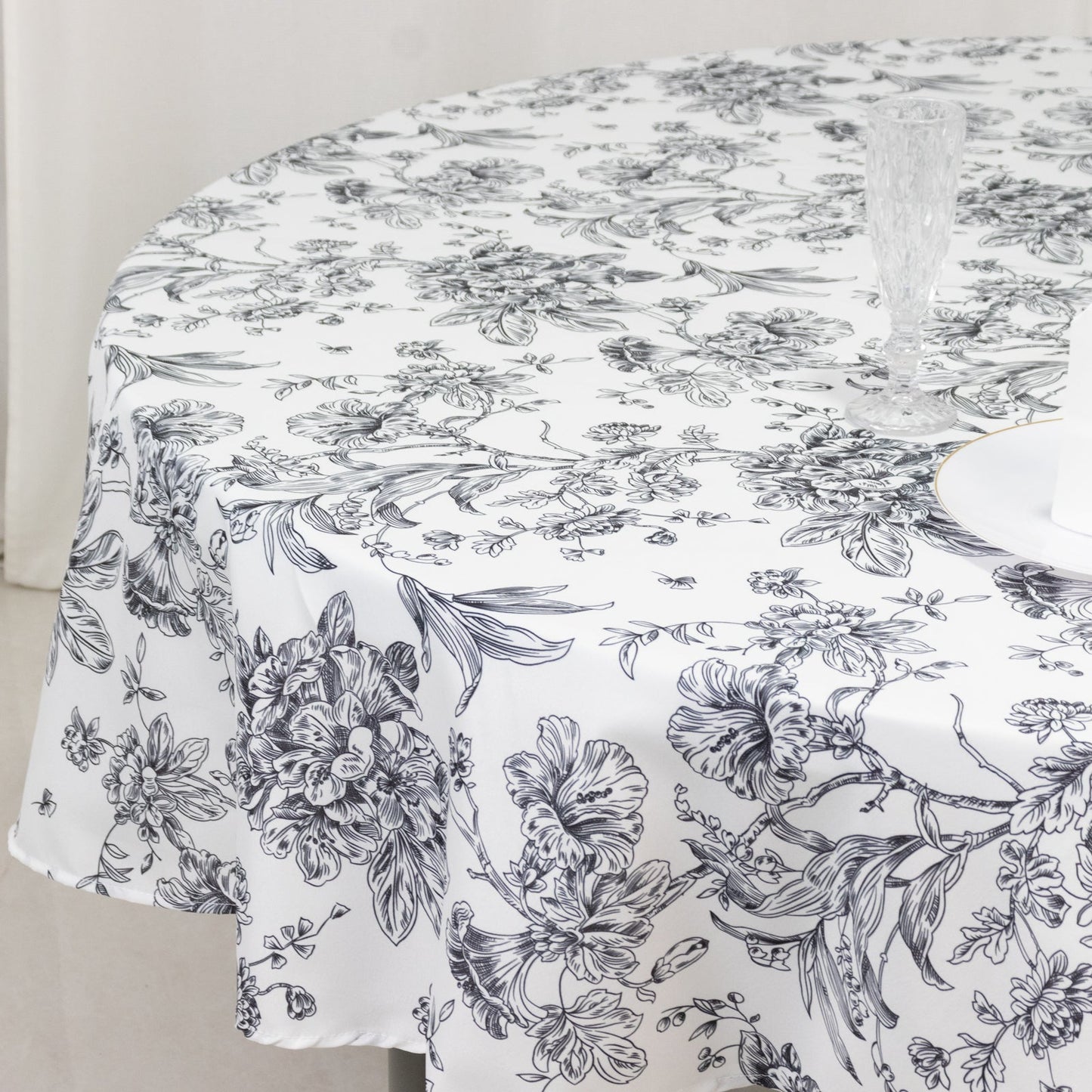 Polyester 90" Round Tablecloth White - Black French Toile Pattern for Chic Weddings