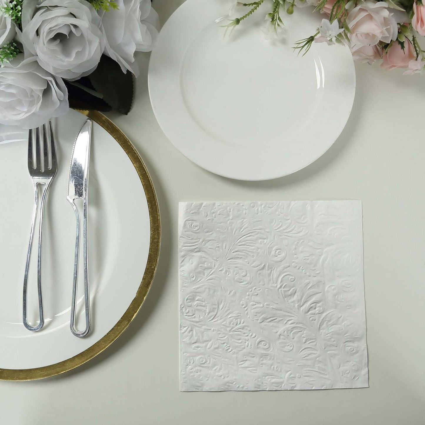 50-Pack Paper Cocktail Napkins with Embossed French Swirl Pattern White - Soft 2 Ply Beverage Napkins for Events 6.5"x6.5"