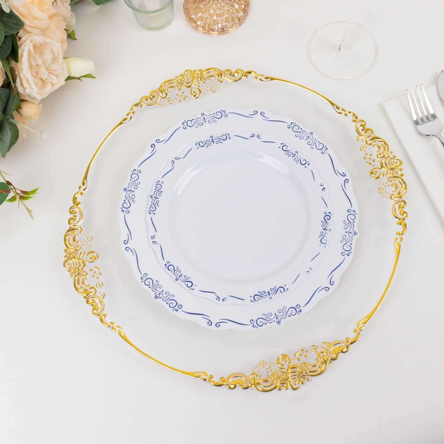 10-Pack Plastic 10" Round Dinner Plates in White with Blue Vintage Embossed Rim - Sturdy Disposable Scalloped Edge Party Plates