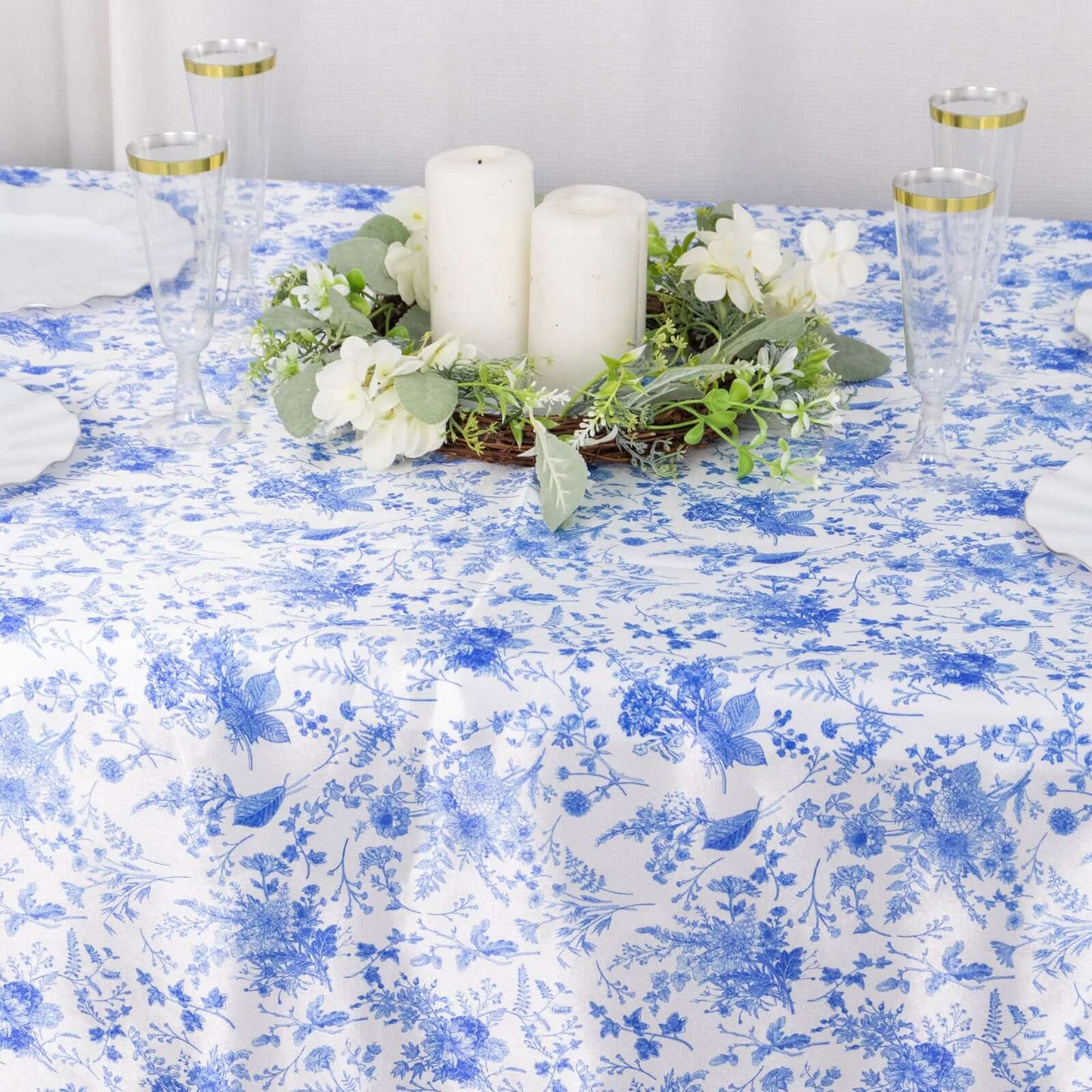 Satin Rectangular 90"x132" Tablecloth White/Blue French Toile Design - Seamless Stylish & Wrinkle-Resistant Table Cover
