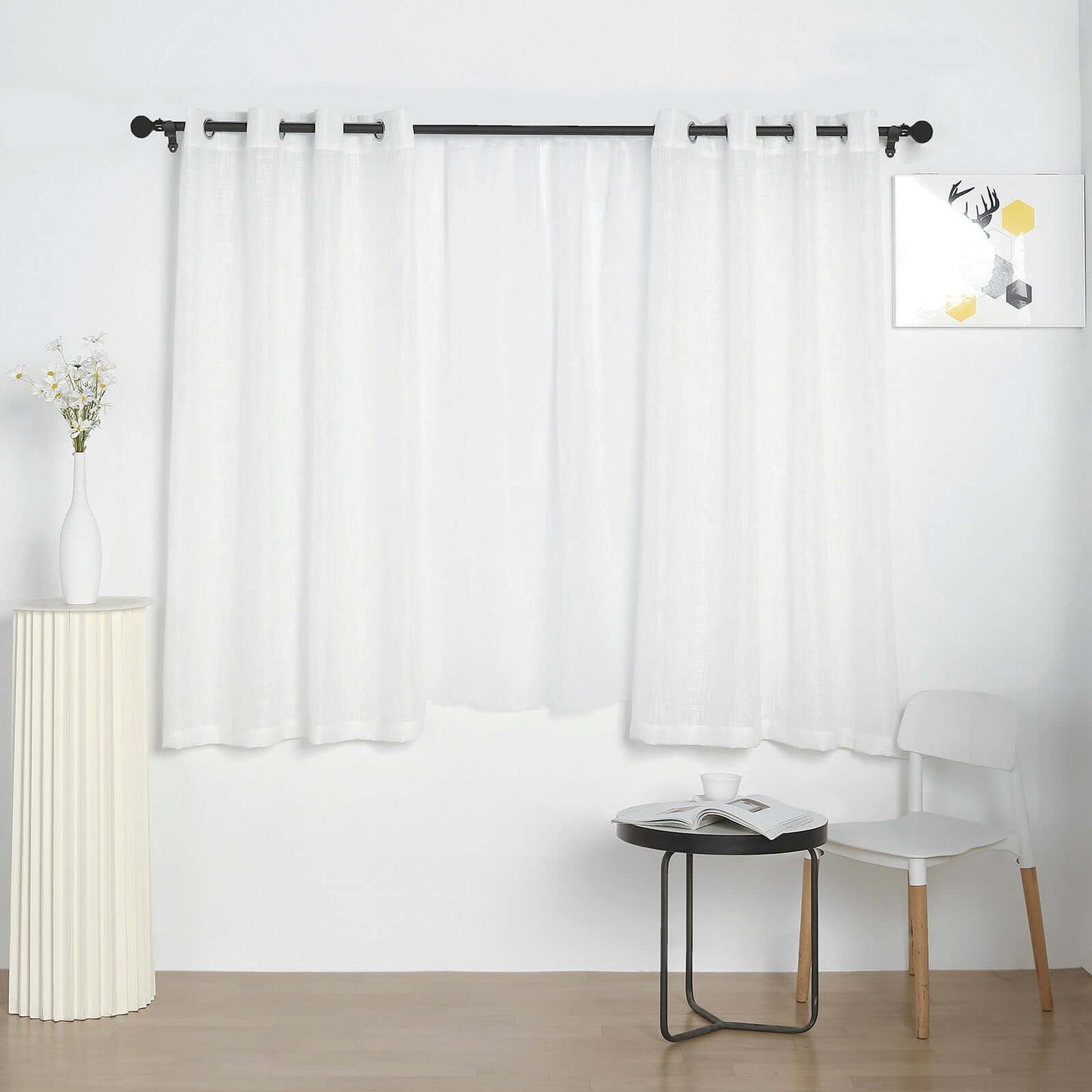 2 Pack Handmade White Faux Linen Curtains 52"x64", Curtain Panels With Chrome Grommets