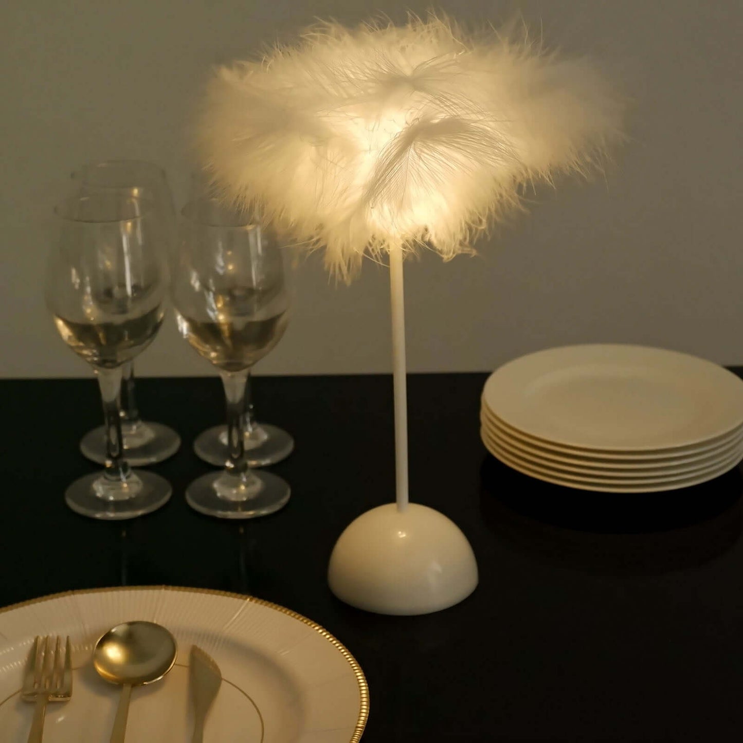 Table Lamp Feather Design White LED Battery Operated - Cordless Wedding Centerpiece 15"