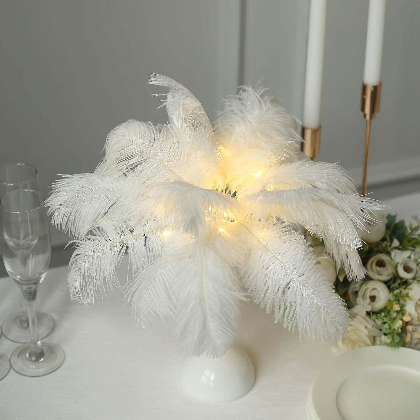 Table Lamp Ostrich Feather Design White LED Battery Operated - Cordless Wedding Centerpiece 15"