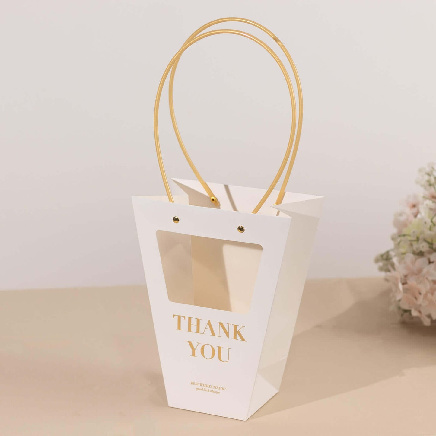 6 Pack Transparent White Paper Flower Gift Bags With Handles, Clear Window Thank You Party Favor Tote Bags in Trapezium Shape - 8"x10"
