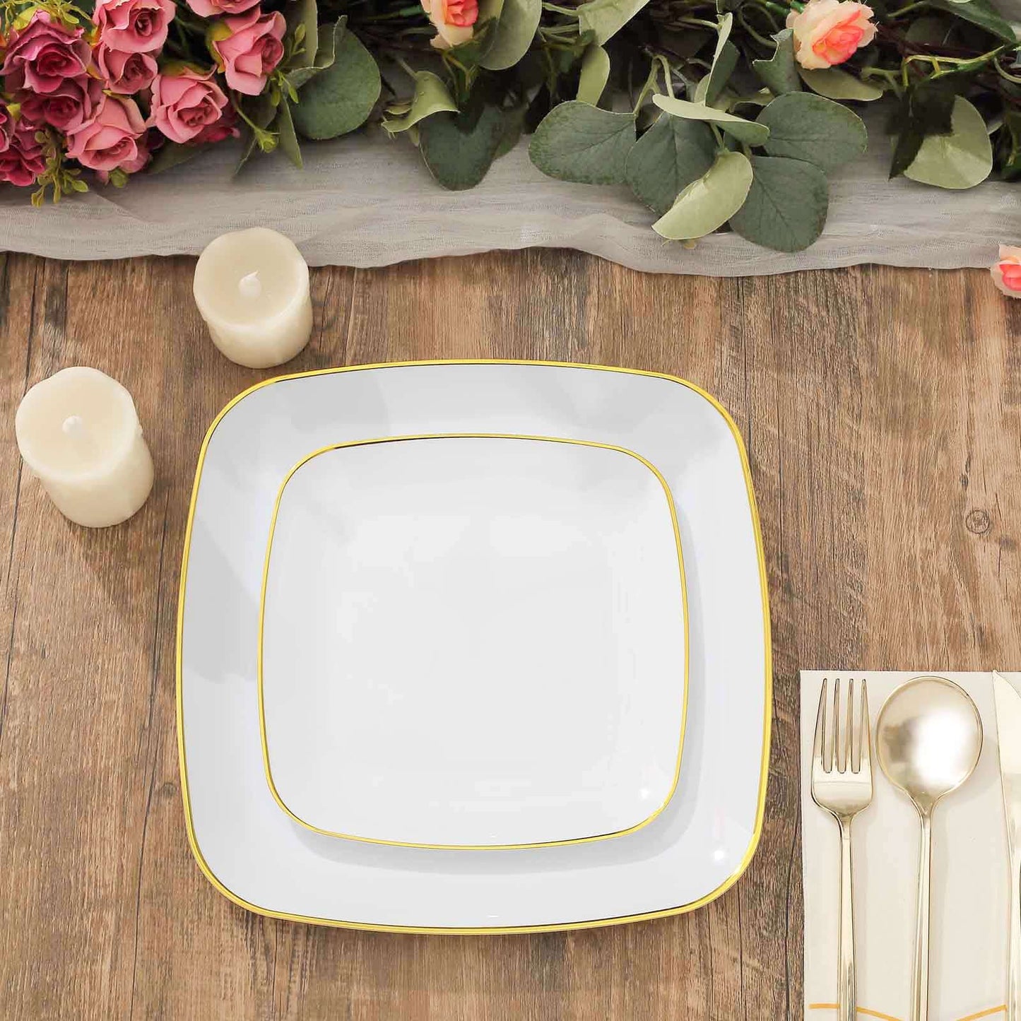 10-Pack Plastic 10" Square Dinner Plates in White with Gold Rim - Classy Disposable Lunch Party Plates for Weddings & Special Events