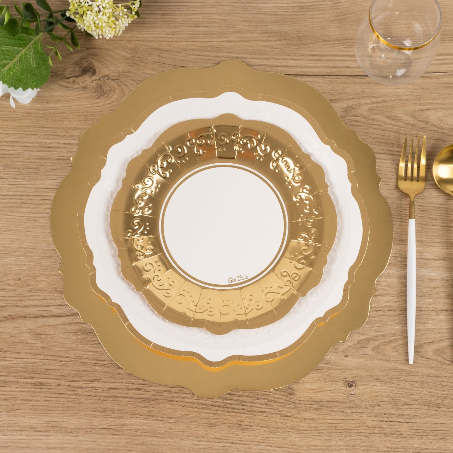 75 Pcs Paper Charger Plates with Gold Embossed Scalloped Rim White - Heavy Duty Disposable Dinner and Salad Plates 8",10",13"