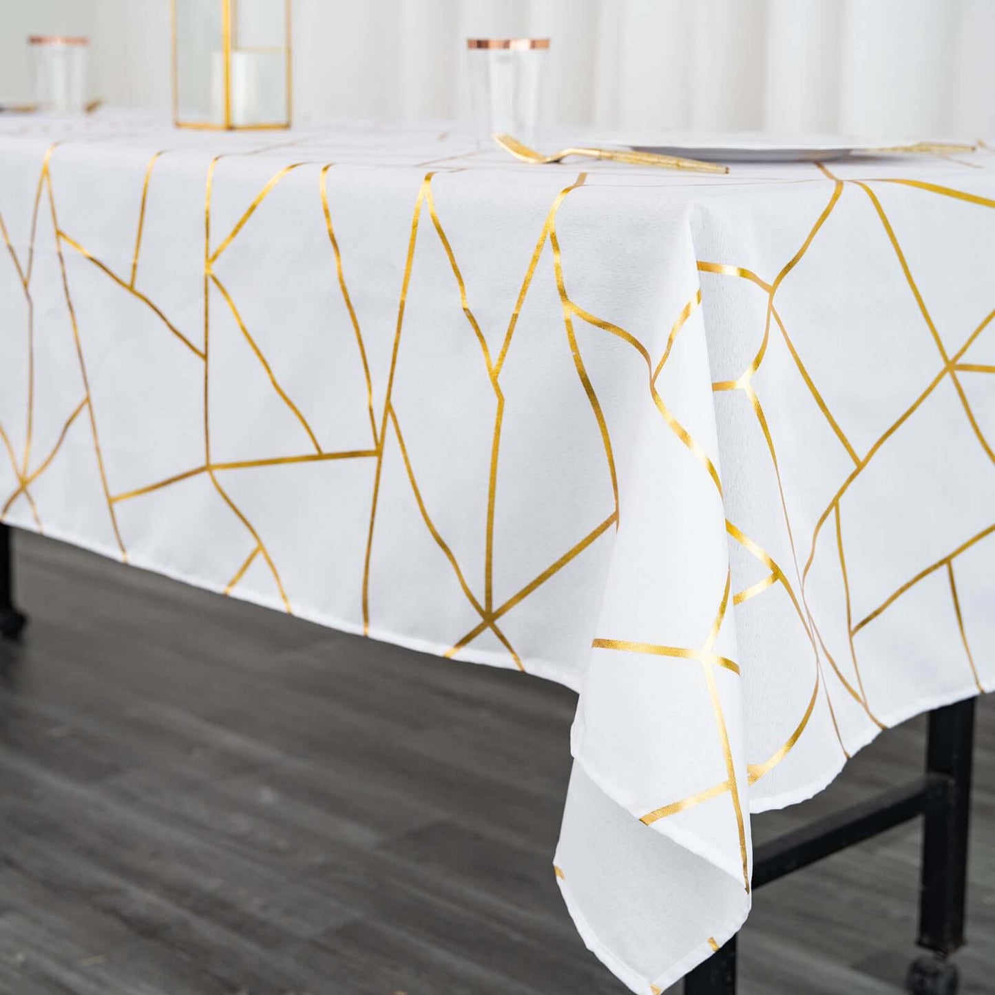 Polyester 60"x102" Rectangle Tablecloth White with Gold Foil Geometric Pattern - Wrinkle-Resistant and Durable Table Cover for Weddings & Events