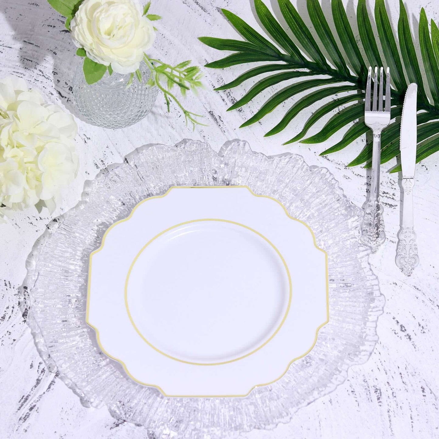 10-Pack Plastic Dessert Appetizer Plates in White Baroque Design with Scalloped Gold Rim - Heavy Duty Disposable Salad Plates for Formal Events & Banquets 8"