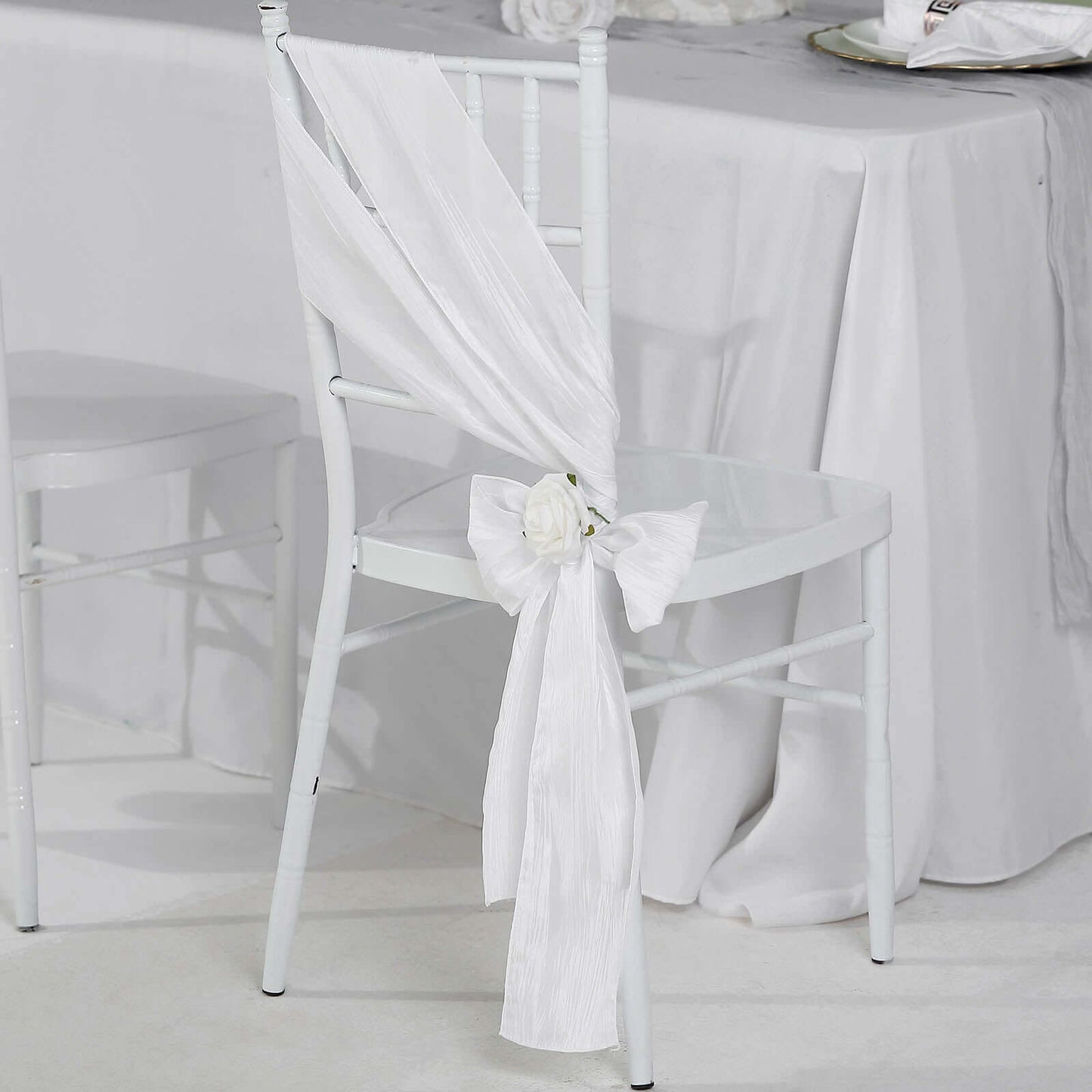 5 Pack Taffeta 6"x106" Chair Sashes White Accordion Crinkle Texture - Stylish Decor for Weddings & Gatherings