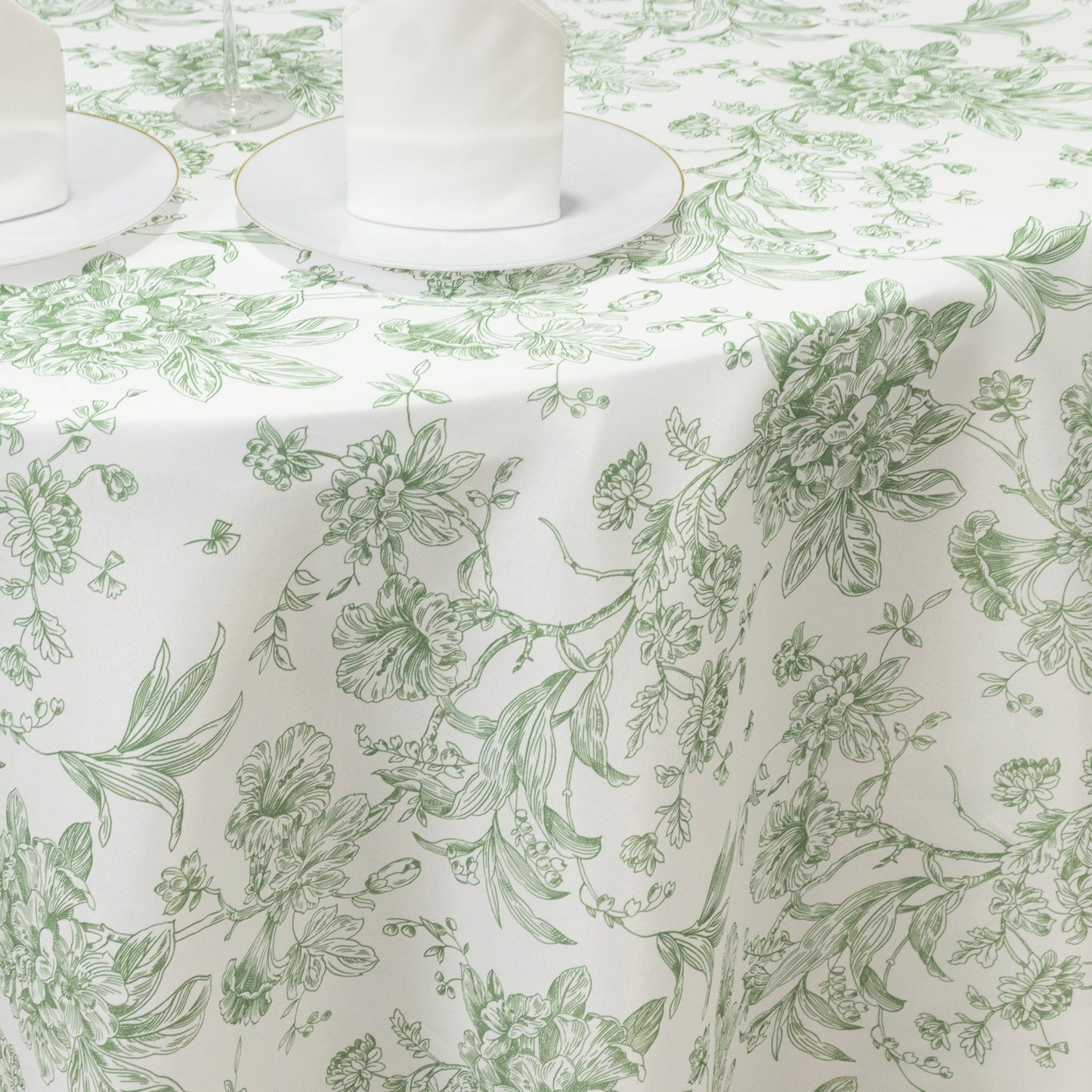 Polyester 120" Round Tablecloth White - Dusty Sage Green French Toile Pattern for Chic Weddings