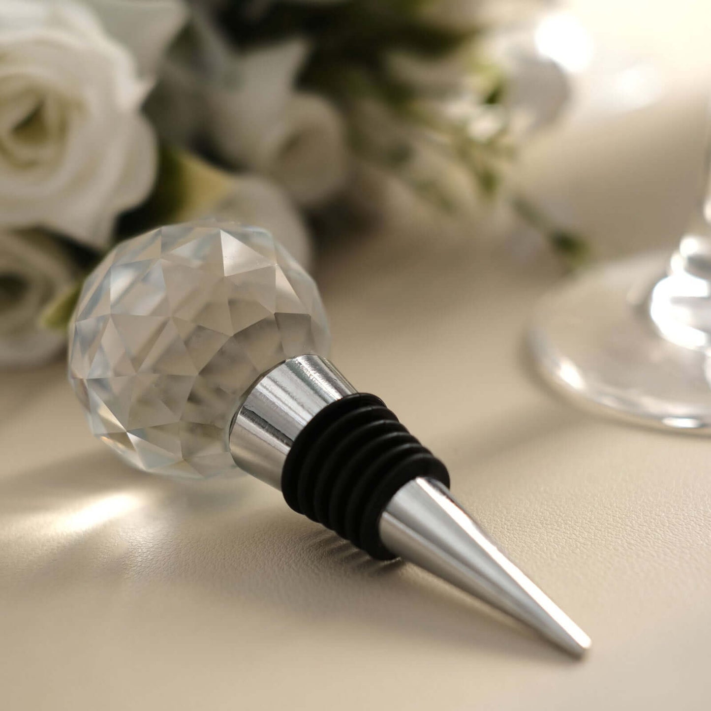 Crystal Glass Ball Metal Wine Bottle Stopper Plug Party Favor Gift Box - Clear Box, Thank You Card, and Ribbon Included