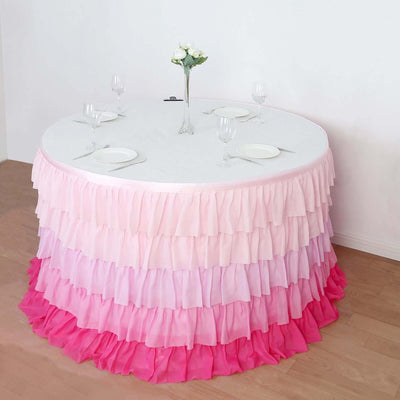 Chiffon 14ft Table Skirt Gradient Pink - Stylish 5-Tier Ombre Ruffled Tutu Table Cover with Satin Backing for Weddings