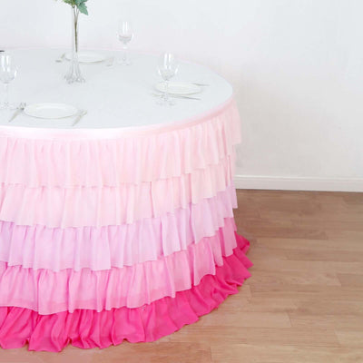 Chiffon 14ft Table Skirt Gradient Pink - Stylish 5-Tier Ombre Ruffled Tutu Table Cover with Satin Backing for Weddings