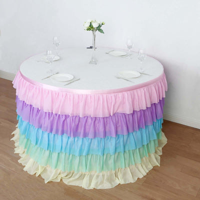 Chiffon 14ft Table Skirt Gradient Unicorn - 5-Tier Ombre Ruffled Tutu Table Cover with Satin Backing for Enchanting
