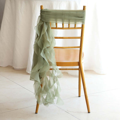 Chiffon Chair Sash with Curly Design Dusty Sage Green - Stylish Chair Decorations - Chair Sashes