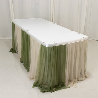 14ft Sheer Pleated Ruffle Skirting Chiffon Table Skirt - Dusty Sage Green and Beige, Shimmer Sheer, Wrinkle-Free Fabric