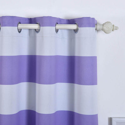 2 Pack White Lavender Lilac Cabana Stripe Thermal Blackout Curtains With Chrome Grommet Window Treatment Panels - 52"x108"
