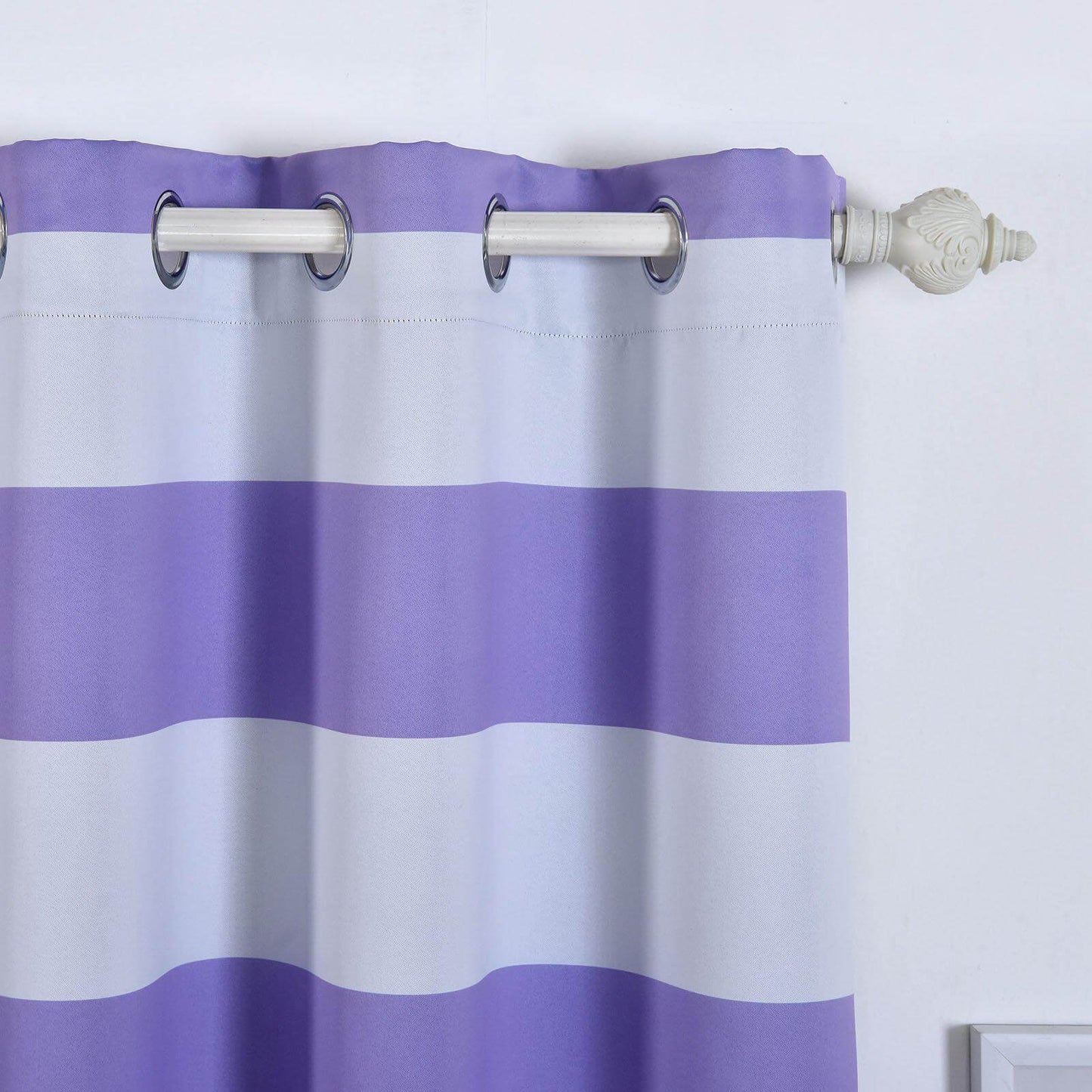 2 Pack White Lavender Lilac Cabana Stripe Thermal Blackout Curtains With Chrome Grommet Window Treatment Panels - 52"x96"