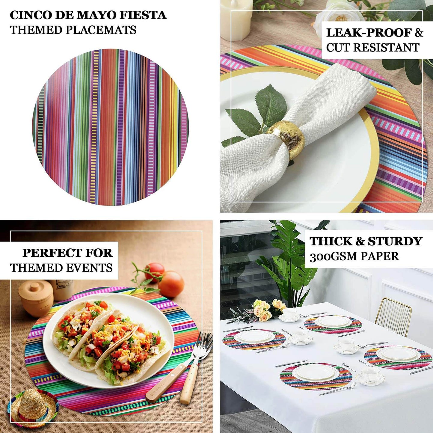 10-Pack Disposable Table Placemats with Multicolor Mexican Serape Fiesta Striped Print - 300GSM Festive Paper Placemats for Cinco de Mayo & Mexican-Themed Events 13"