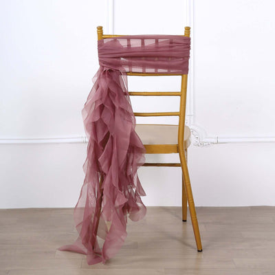 Chiffon Chair Sash with Curly Design Mauve Cinnamon Rose - Stylish Chair Decorations