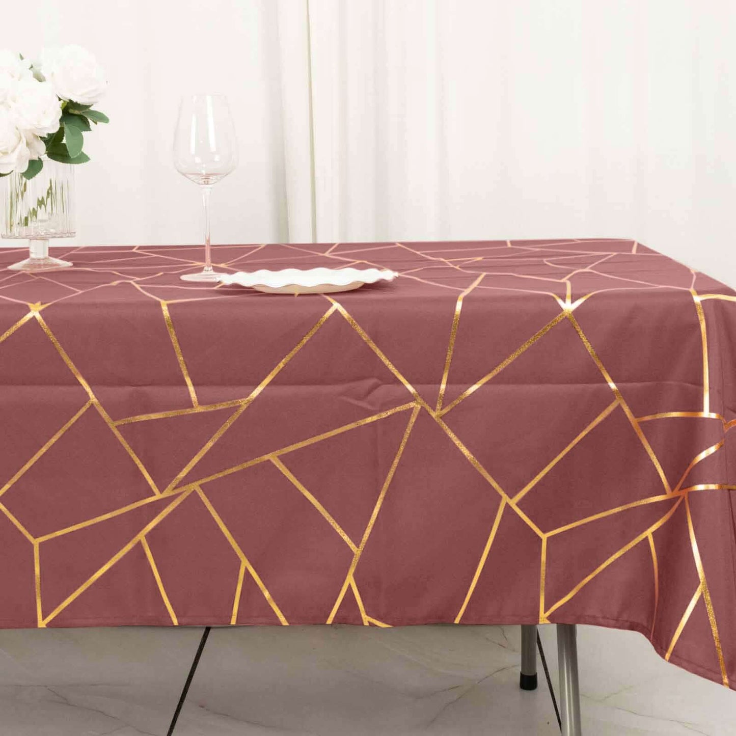 Polyester 60"x102" Rectangle Tablecloth Cinnamon Rose with Gold Foil Geometric Pattern - Wrinkle-Resistant & Durable Table Cover